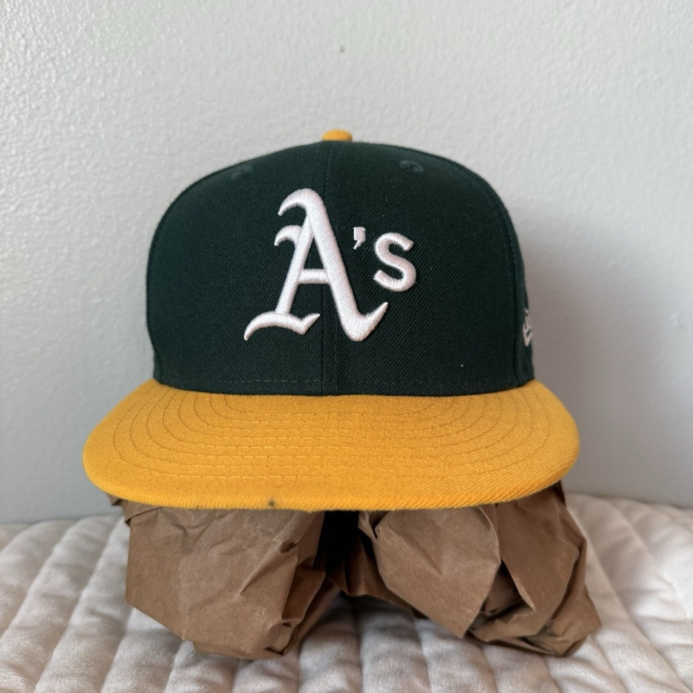 Oakland Athletics MLB Green Gold New‎ Era 59Fifty Fitted Hat Mens 7 1/4 Baseball